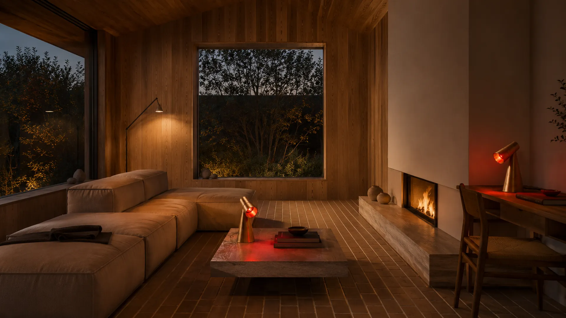 Milieu lamp in a dusk living room, warm and red light