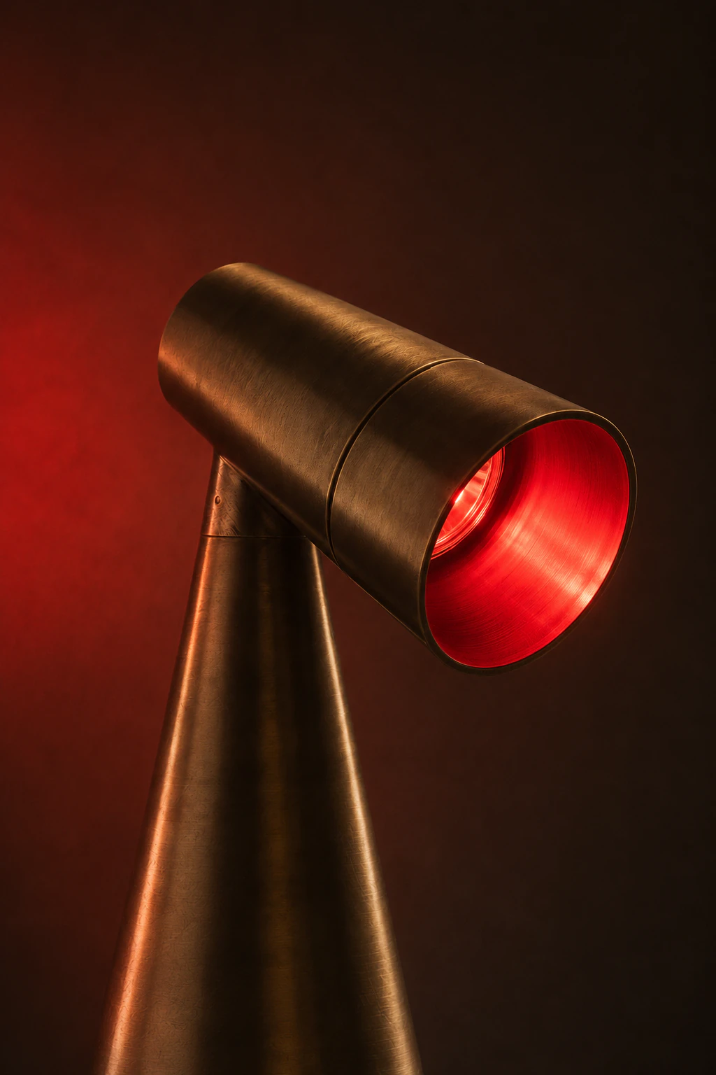 Milieu Table Lamp 001, articulated brass head lit red